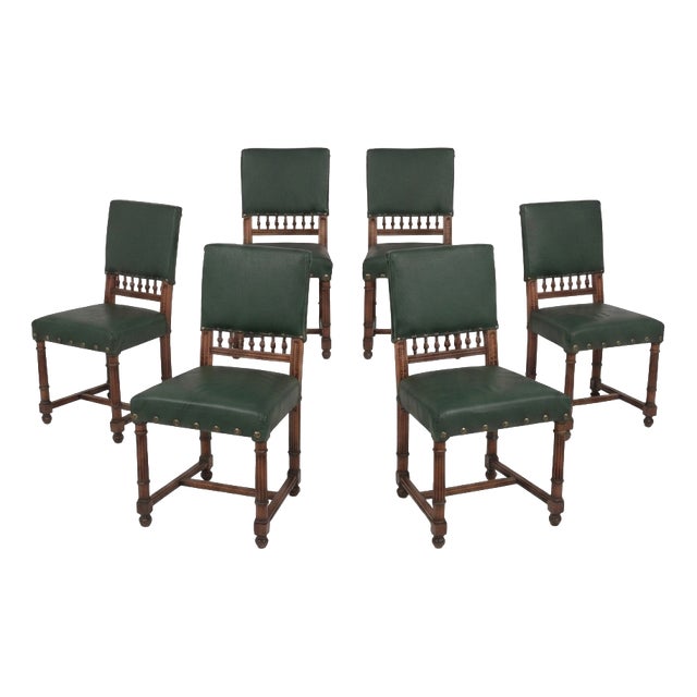 Vintage Dining Chairs in Deep Green with Brass Studs and Spindle Backrest, Set of 6 For Sale