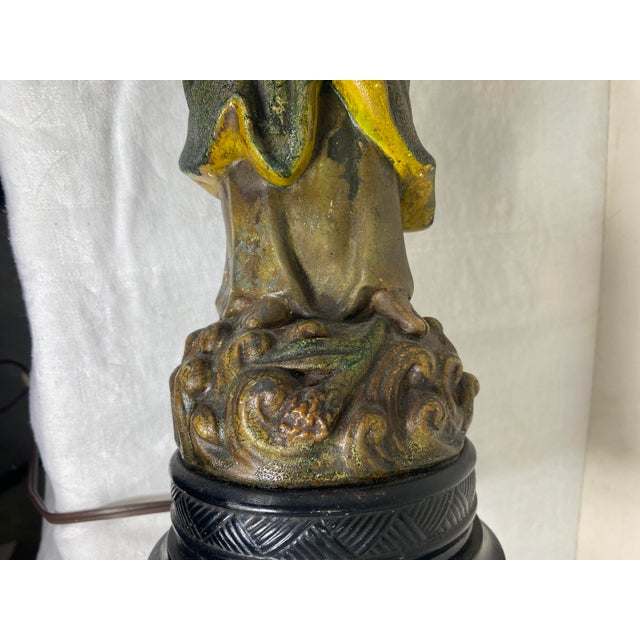 Ceramic Vintage 1940s Monk Figurine Lamp With String Shade For Sale - Image 7 of 11