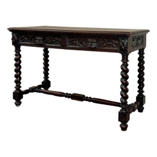 Antique French Desk Entry Table With Drawers Oak Barley Twist Sofa Table C 1900s For Sale