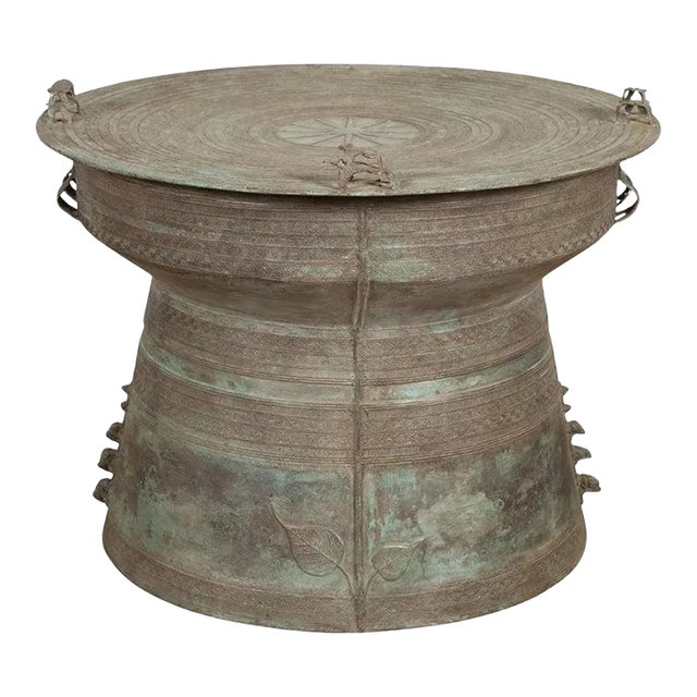 Vintage Laotian Style Bronze Rain Drum with Geometric Motifs & Frog Finials For Sale