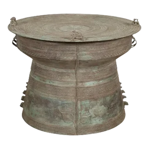 Vintage Laotian Style Bronze Rain Drum with Geometric Motifs & Frog Finials