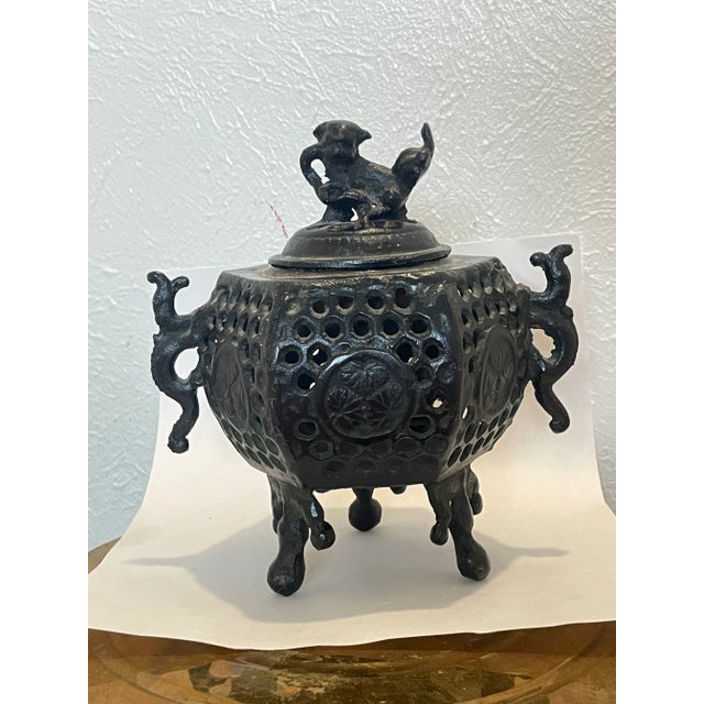 Chinese Chinese Brown Foo Dog Lid Floral Bronze Incense Burner For Sale - Image 3 of 7