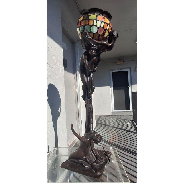 19thc Art Nouveau Large Gustave Gurshner Bronze Figural Floor/ Table Lamp Signed For Sale - Image 4 of 18