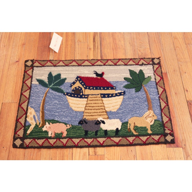 Antique American Folklore Hooked Rug Depicting Noah's Ark and Animals, Place of Origin: America, Circa Date: 1920