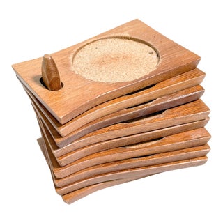 Vintage Mid Century Modern Wood & Cork Coaster Set of 8 / Geometric Stacking Coasters With Peg Holder / Retro Barware For Sale