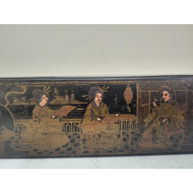 Figurative Chinese Hand Painted Gold Wood Female Figural Lacquer Calligraphy Pencil Box For Sale - Image 3 of 11