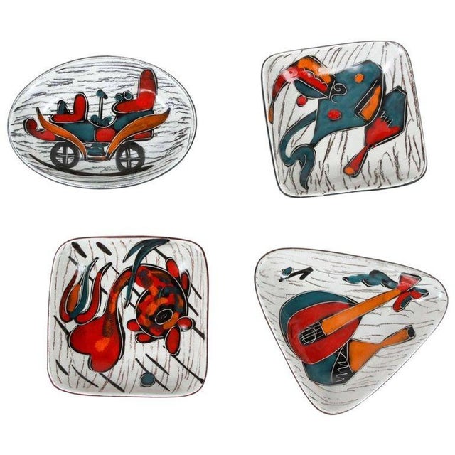 Set of Four Italian Mid-Century Leather-Backed Ceramic Dishes in the Style of Marcello Fantoni – Florence, circa 1950 A...
