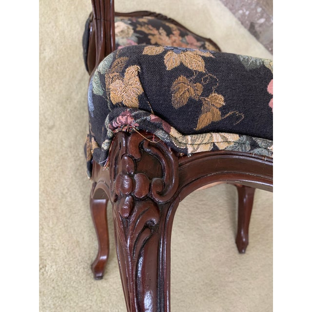 French Provincial 1970s Matching Upholstered Chairs (2). Hardwood Very Detailed. Black Background, Multicolor Floral Print. For Sale - Image 3 of 8