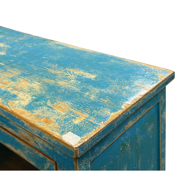 Shabby Chic Turquoise Blue Half-Glass Doors Medium Size Cabinet For Sale - Image 9 of 15