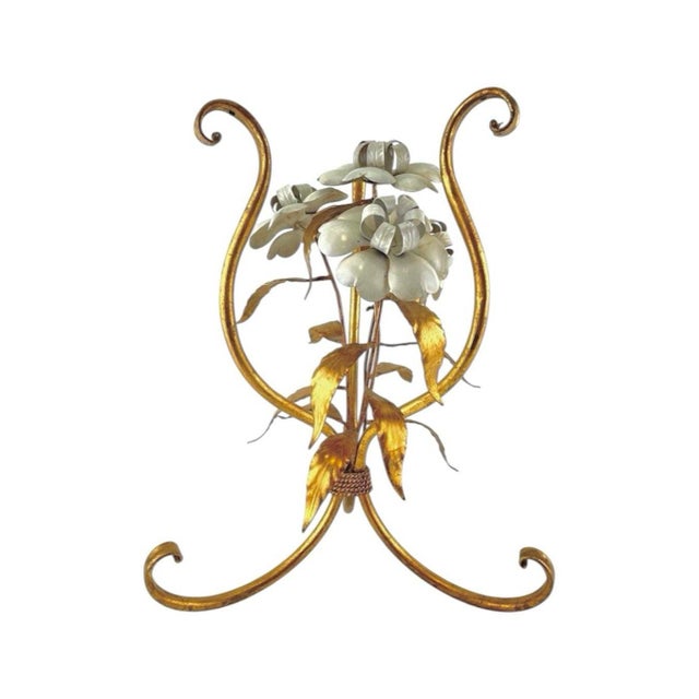 Vintage Gilded Tole White Floral / Flower Accent / Side / Drinks Table, in the Manner of Hans Kögl For Sale In Dallas - Image 6 of 9