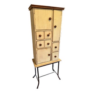 A Vintage Pine Wood Painted Tall Cabinet on Iron Stand For Sale