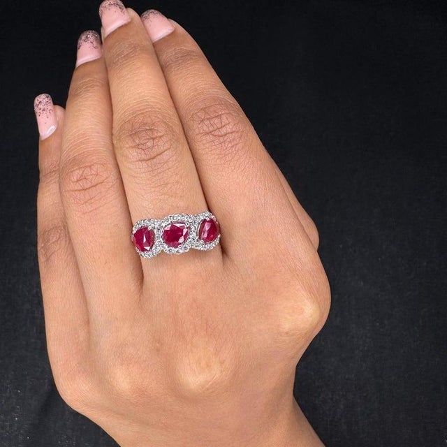 Pear Cut Ruby and Diamond Trilogy Ring in 18k White Gold Size 7 For Sale - Image 11 of 12