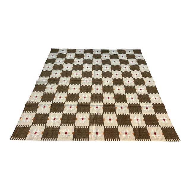 Handmade New Zealand Wool Dhurrie, Brown and Cream Geometric Rug- 6'x9' For Sale