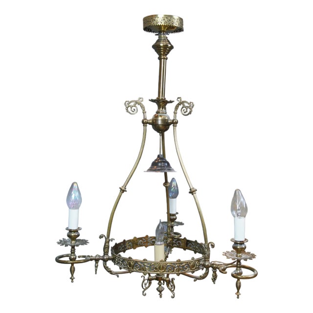 Antique Victorian Converted 4 Light Hurricane Candlestick Pendant Chandelier 36" For Sale