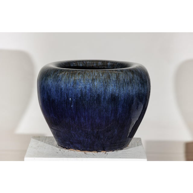 Blue Vintage Chinese Blue-Glazed Ceramic Planter with Rounded Form and Brown Accents For Sale - Image 8 of 18