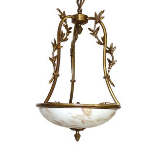 Brass Pendant Light with Marbled Glass Shade, 1950s For Sale