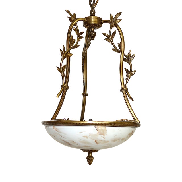 Brass Pendant Light with Marbled Glass Shade, 1950s For Sale