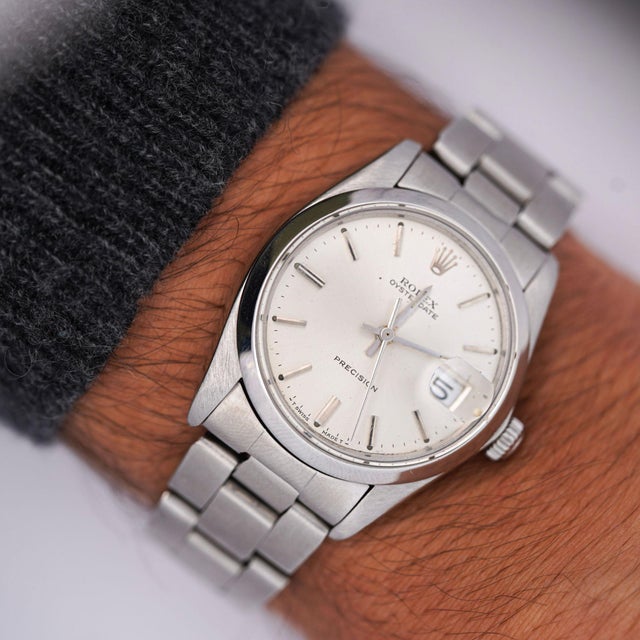 Contemporary Vintage Rolex Oysterdate Precision 34mm Manual Wind Steel Oyster Bracelet Watch For Sale - Image 3 of 8