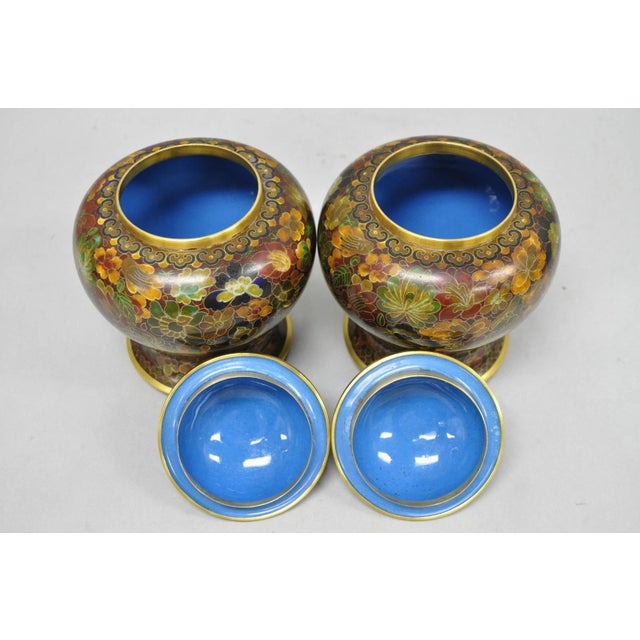 Metal Vintage Cloisonné Chinese Small Enameled Brown Covered Ginger Jar on Stand, Pair For Sale - Image 7 of 18