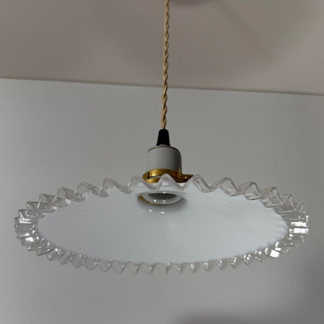 1930s French White Opaline Glass “Frill” Pendant Light, 1930s For Sale - Image 5 of 8