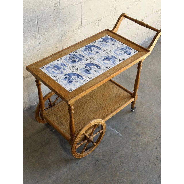 Mid 20th Century Vintage Danish Oak Bar Cart Tea Trolley With Blue & White Tile Top For Sale - Image 5 of 10