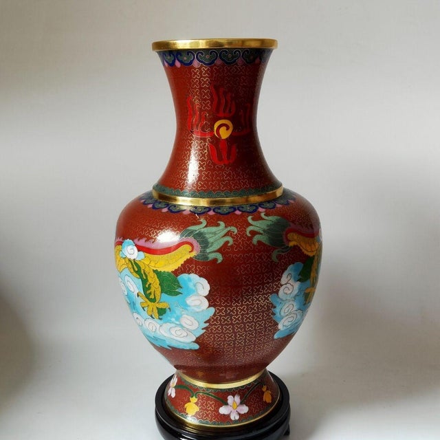 Asian Vintage Cloisonné Enamel Dragon Vase – Red Ground, Gilt Accents, With Stand & Box For Sale - Image 3 of 9