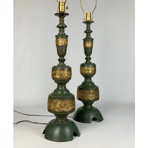 1940’s Brass James Mont Style Pre-War Lamp Pair, Original Harps. and bulbs. Heavy Brass, Hollywood Regency Mont was...