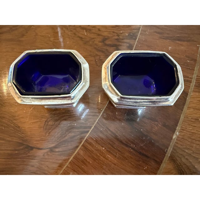 Metal 1930s Pair of Large English Sterling Silver Salt Cellars Cobalt Liners Birmingham 1932-3 For Sale - Image 7 of 10