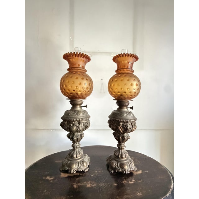 Mid-Century Modern Oil Lamps in Bronze and Amber Glass, 1930, Set of 2 For Sale - Image 3 of 9