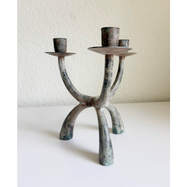 Contemporary Brutalist Verdigris 3-Arm Candelabra For Sale - Image 3 of 12