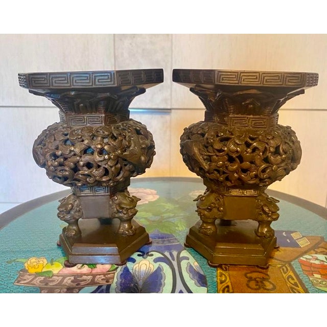 Pair of 1970s Japanese Bronze Vases With Gargoyles For Sale - Image 4 of 11