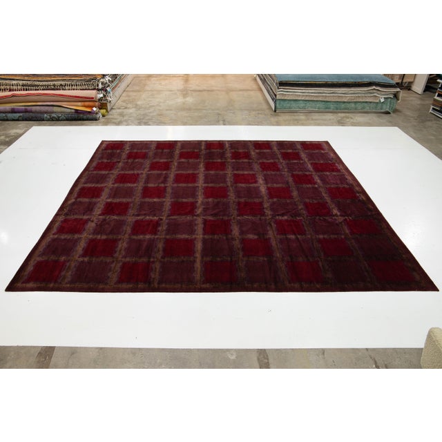 Purple Modern Red Tibetan Rug Made From Wool and Silk Featuring a Check Pattern For Sale - Image 8 of 10