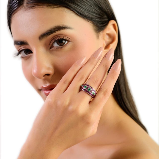 Unique 2.23 Carat Ruby & Emerald Sterling Silver Dome Band Ring for Women - Size 6 For Sale - Image 6 of 11