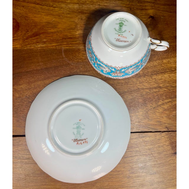 Turquoise 1970s Crown Staffordshire Ellesmere Footed Cup & Saucer Set For Sale - Image 8 of 9