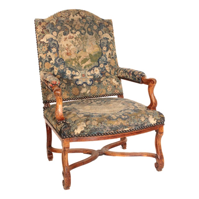French Regence Walnut Armchair With Tapestry Upholstery For Sale
