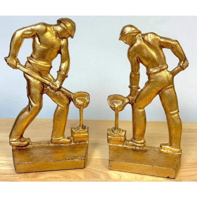 Art Deco Gilt Iron WPA Style Foundry Men Bookends Signed NMF 1936 - a Pair For Sale In West Palm - Image 6 of 12