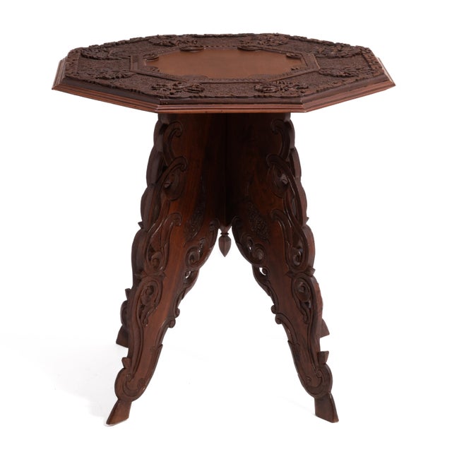 Wood Anglo Indian Intricately Carved Teak Folding Campaign Table Octagon Top For Sale - Image 7 of 17