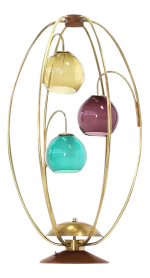 Early 20th Century Oval "Bird Cage" Brass Purple Blue Yellow Glass Globe Shades Table Lamp
