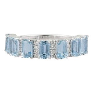 2.2ct Emerald-Cut Aquamarine & Diamond Half Eternity Band Ring Size 8 in 18k Gold For Sale