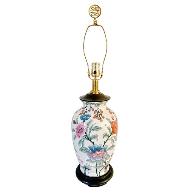 Vintage Chinoiserie Famille Rose Porcelain Table Lamps With Brass Shou Finials - a Pair For Sale - Image 11 of 15