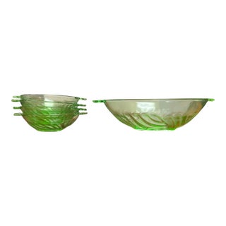 1930s Art Deco Uranium Green Glass Dessert Bowls – One Serving Bowl & Four Individual Bowls - Set of Five For Sale