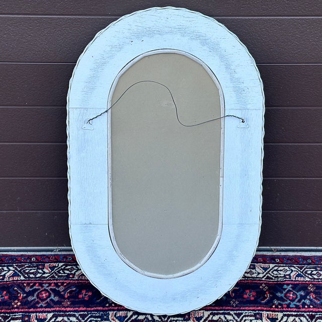 Vintage Petite White Painted Woven Wicker Rattan Framed Oval Mirror For Sale - Image 10 of 11