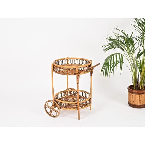 Wood Mid-Century Modern French Riviera Bamboo and Rattan Round Bar Cart by Franco Albini, 1960s For Sale - Image 7 of 11