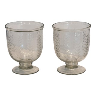 Pair of Medium Etched Glass “Wheat” Hurricane Vases For Sale