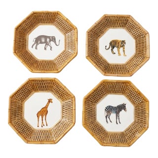 Safari Animal Salad Plates W/ Rattan & Bamboo Borders Set of 4 - Attrib. To Raymond Waites - Palm Beach Regency, Safari Entertaining - See Pics! For Sale