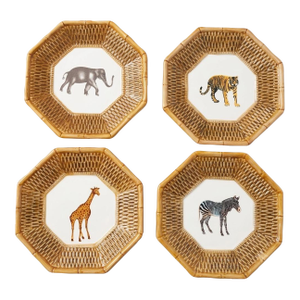 Safari Animal Salad Plates W/ Rattan & Bamboo Borders Set of 4 - Attrib. To Raymond Waites - Palm Beach Regency, Safari Entertaining - See Pics!