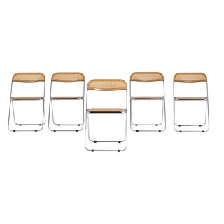 Vintage Plia Folding Chair in Vienna Straw by Giancarlo Piretti for Anonima Castelli, 1970s, Set of 5 For Sale