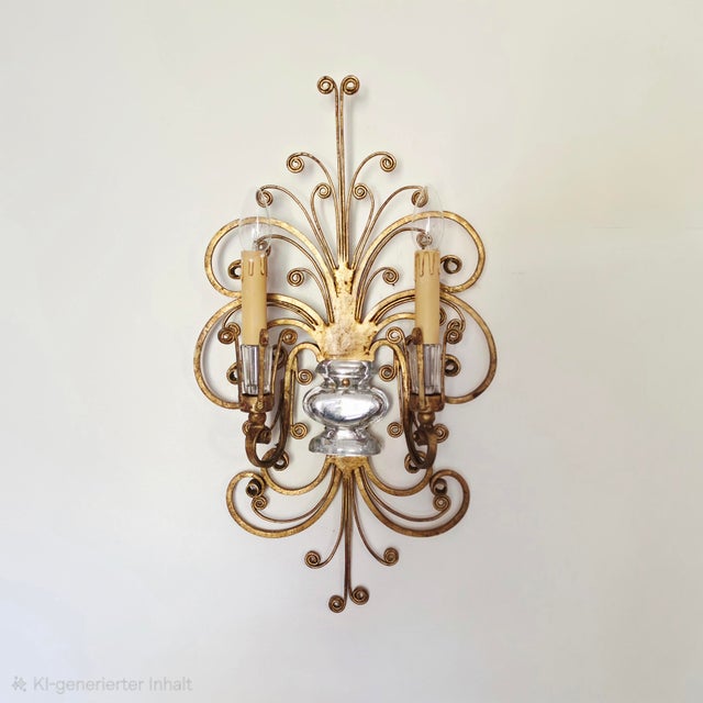 Mid-Century Modern Two-Armed Wall Lamp in Iron and Crystal Glass in the style of Maison Baguès, France, 1950s For Sale - Image 3 of 15