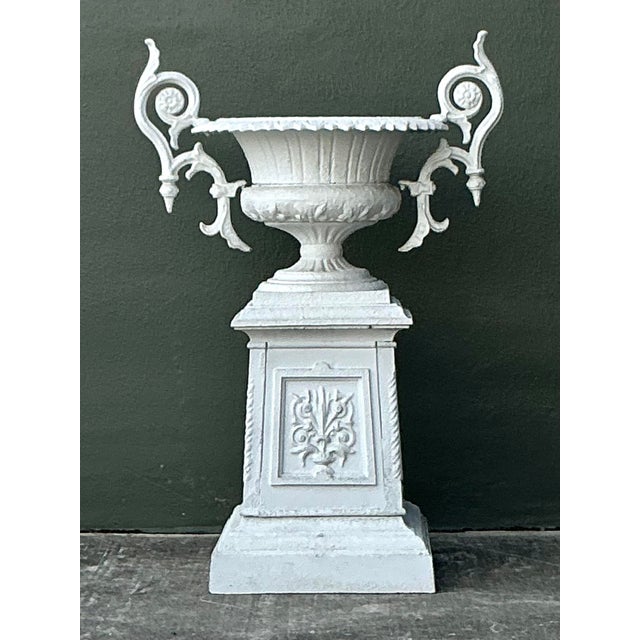 Neoclassical Vintage Regency Painted Wrought Iron Urn on Pedestal For Sale - Image 3 of 12