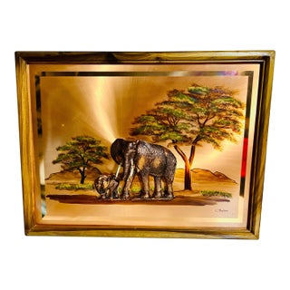 3-Piece Signed Gastone Safari Relief Set – Elephant & Calf, Zebra, XL Giraffe – Matching 25×19 Mid-Century Panels For Sale